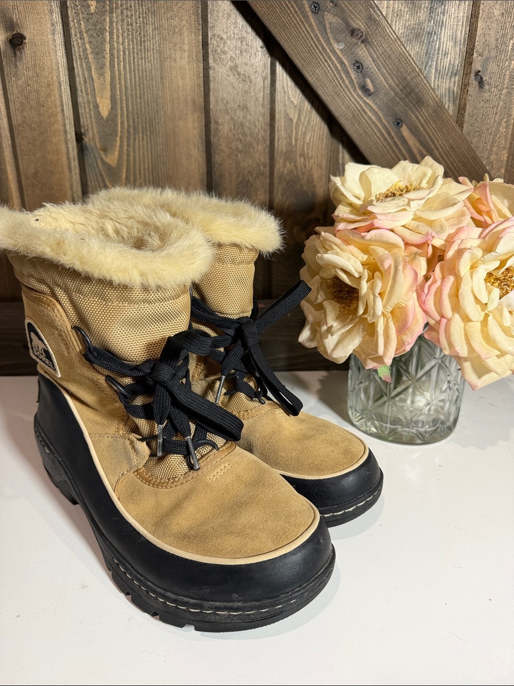 Sorel Women's Tan and Black Insulated Winter Boots with Faux Fur Collar